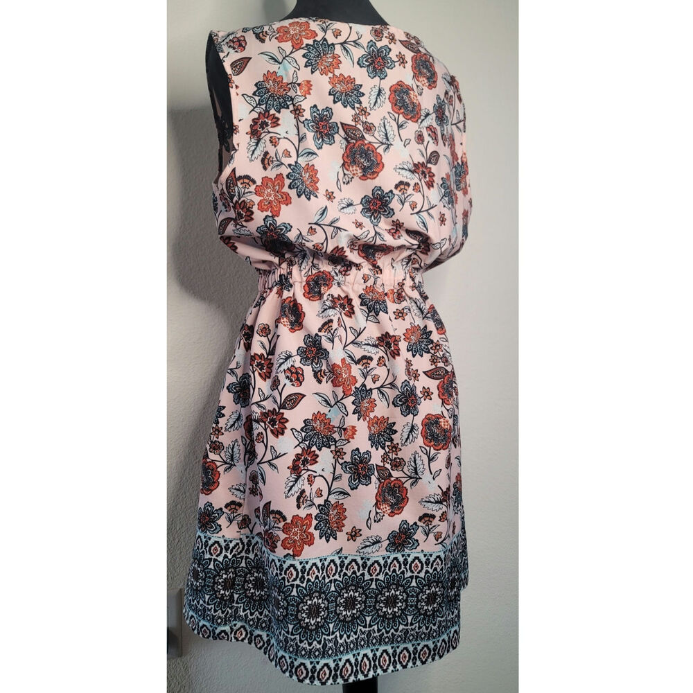 Satiny Peach Floral Boho Dress Smocked Waist Zipper Pockets Speed Control Sz XL - Picture 2 of 10